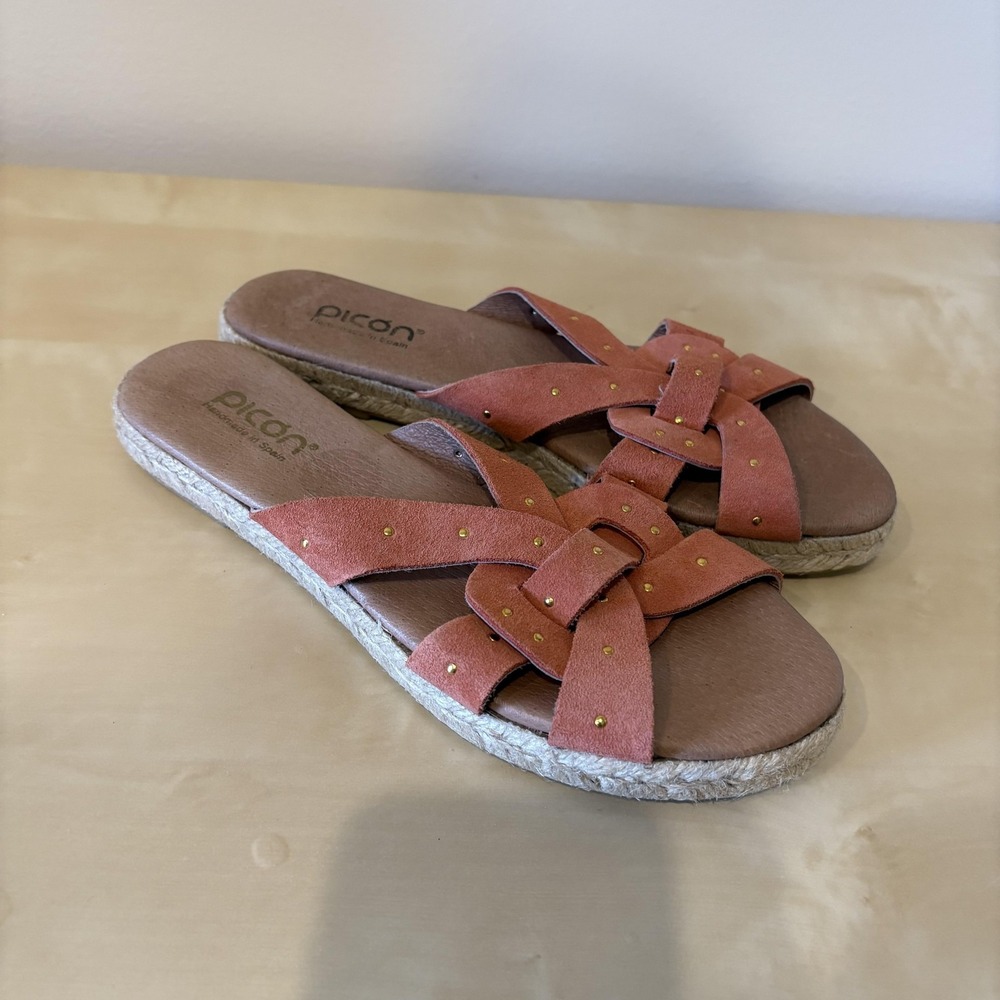 Picon Shoes Womens Size 7.5 Suede Studded Espadrille Slide Sandals Made in Spain